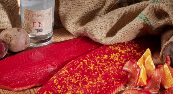 Gerookte zalm "rode biet gin appelsien"